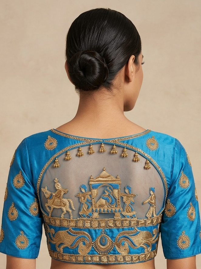 Dark sky blue maggam work blouse