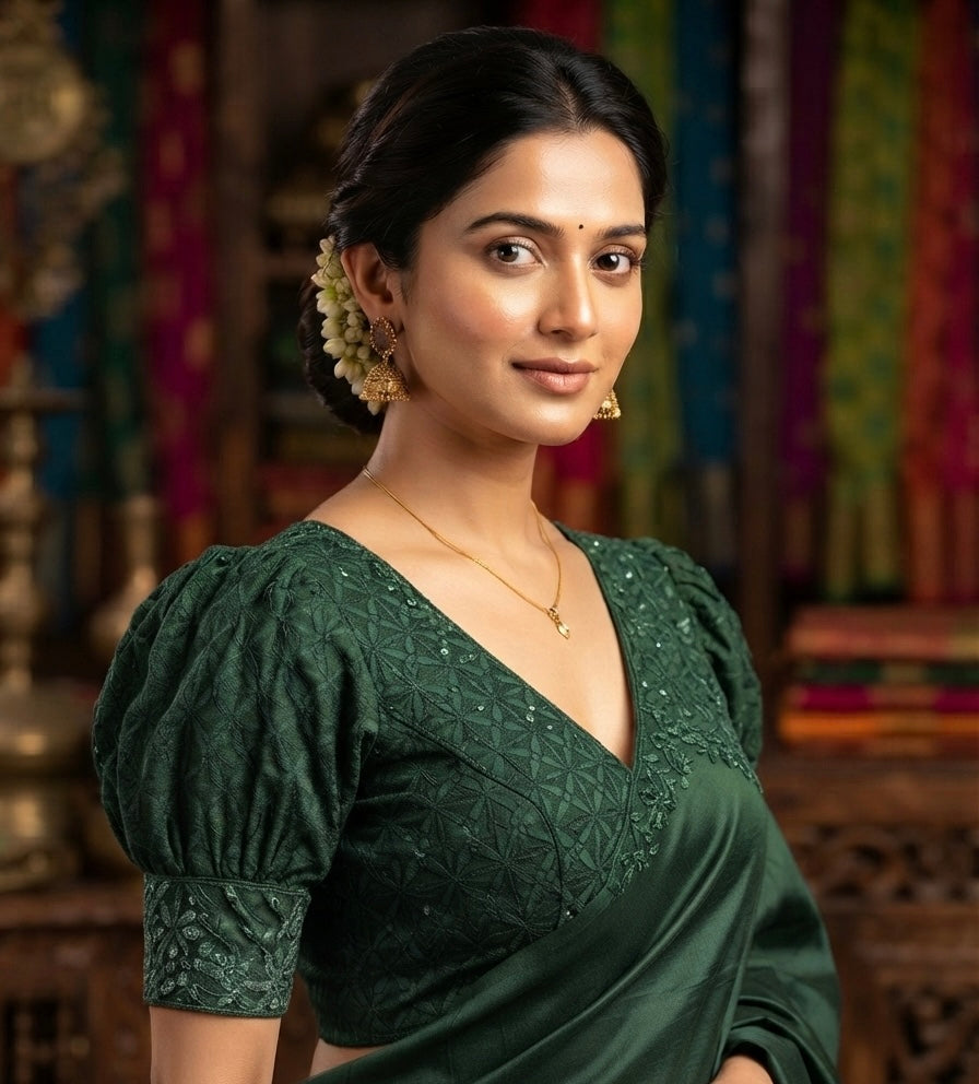 Green chickenkari work puff hands Blouse π
