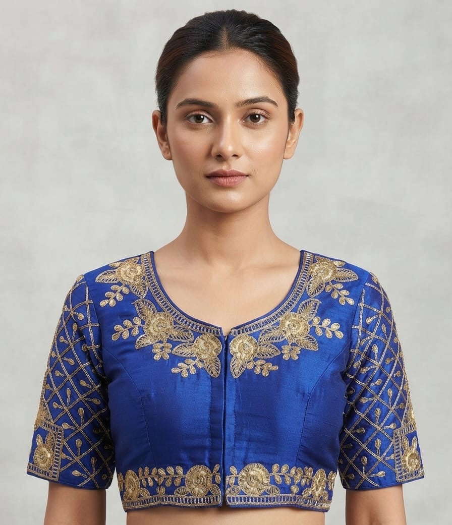 Gold embroidery work Blouse 👚 with hands Royal blue