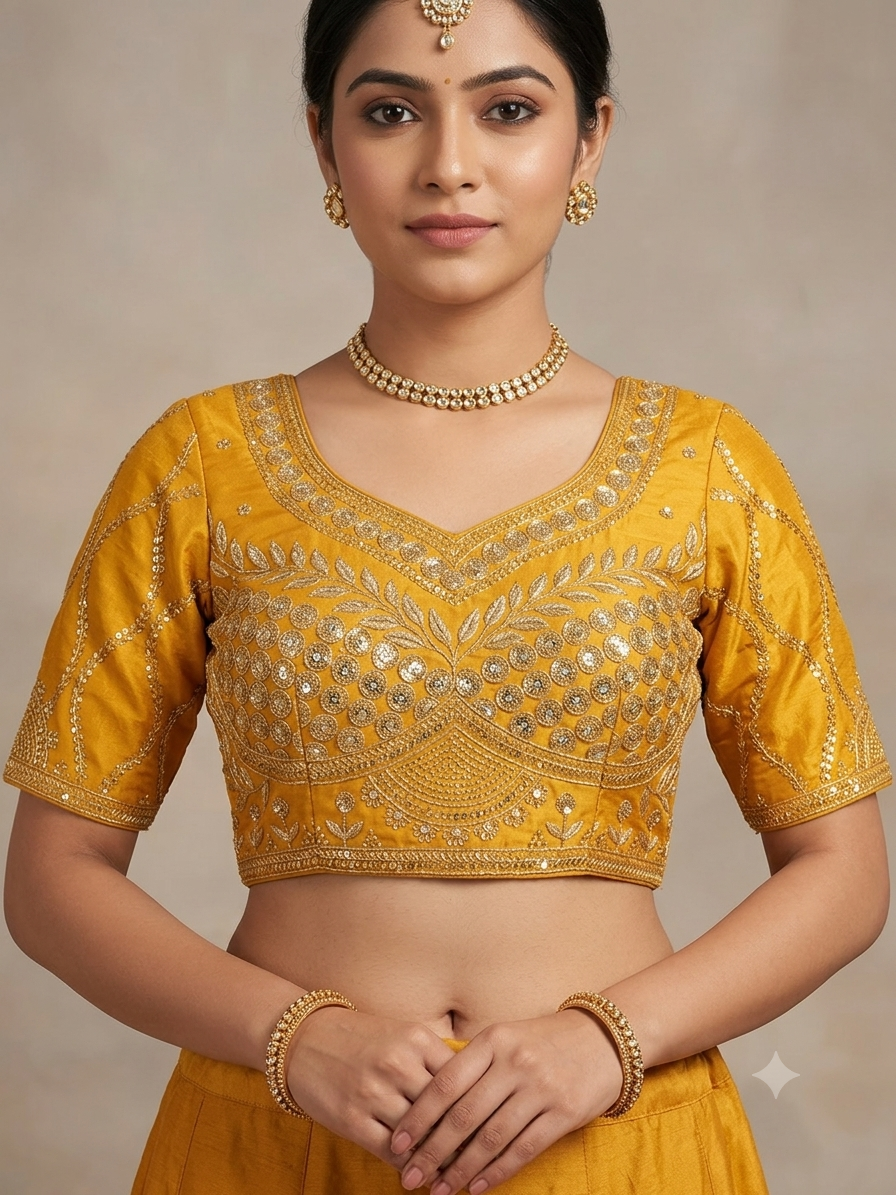 Tissue mustard yellow sequence designer blouse 👚