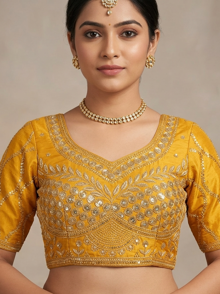Tissue mustard yellow sequence designer blouse 👚