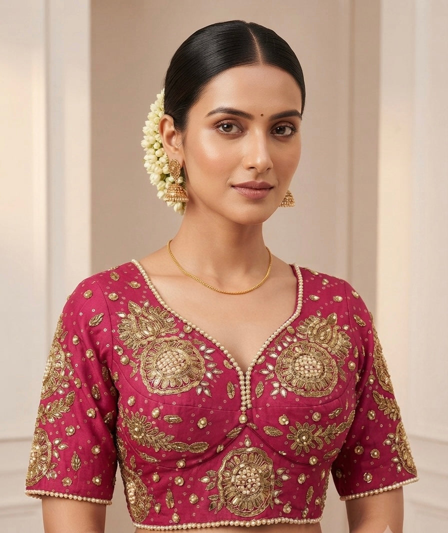 Magenta pink embroidery Pearl work with sleeve Blouse 👚