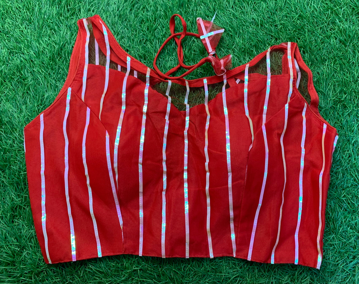 Red with hands multicolour straps blouse π