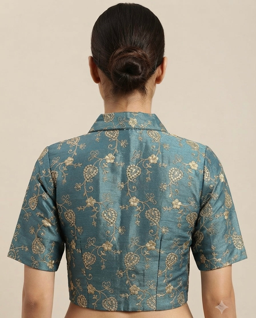 Rama blue blazer collar neck embroidery with sleeve Blouse 👚
