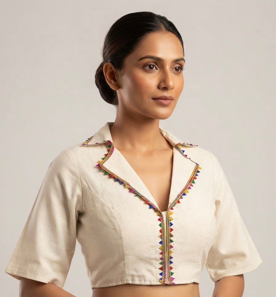 Kutch work Blouse 👚 with a V-neck back patchwork half white