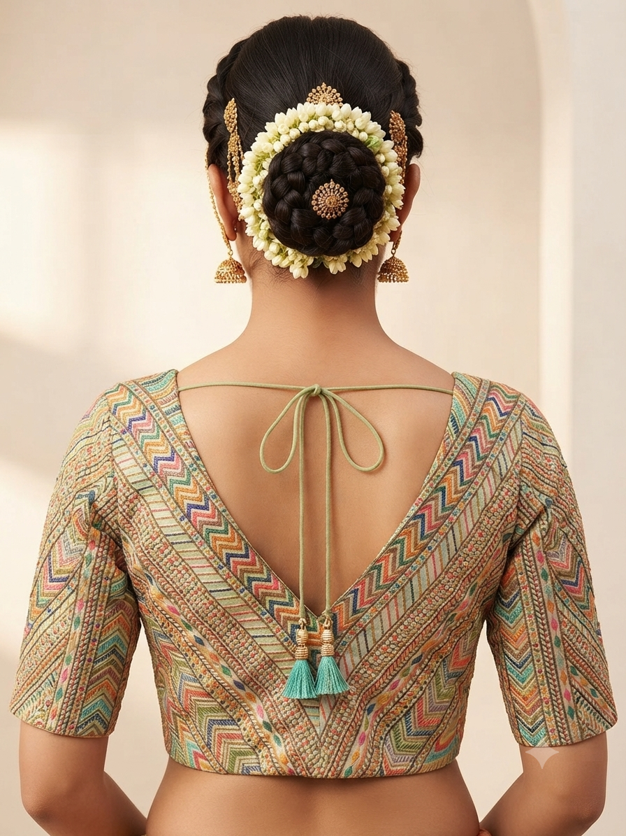 Green multicolour V-neck with sleeve Blouse 👚