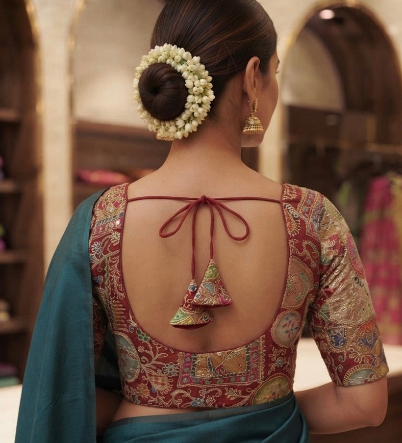 Traditional Kalamkari Patchwork Blouse 👚 Marron with sleeves ✨