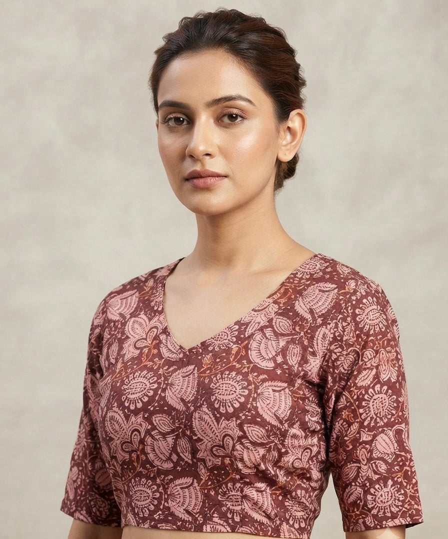 Kalamkari Marron & pink printed stretchable Blouse 👚