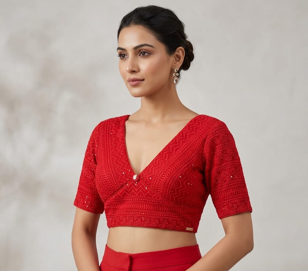 Red chickenkari work V-neck Blouse 👚 with hands
