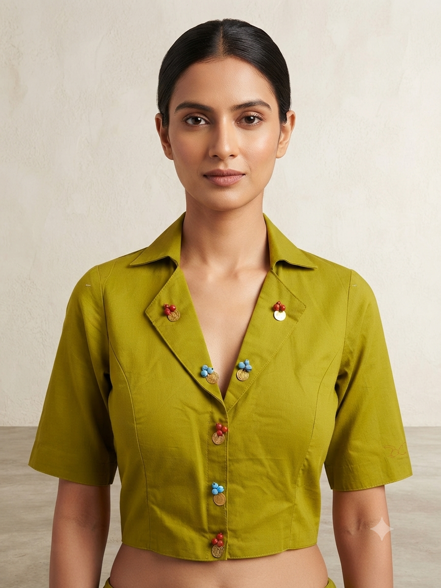 🌼Handwork Folk art Blouse 👚 V- collar neck Mehndi colour 🍃