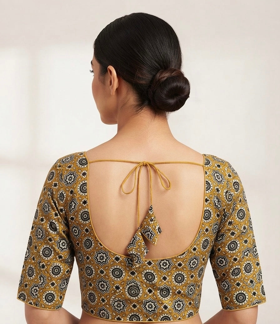 block printed or Ajrakh-style garments master yellow Blouse with sleeves