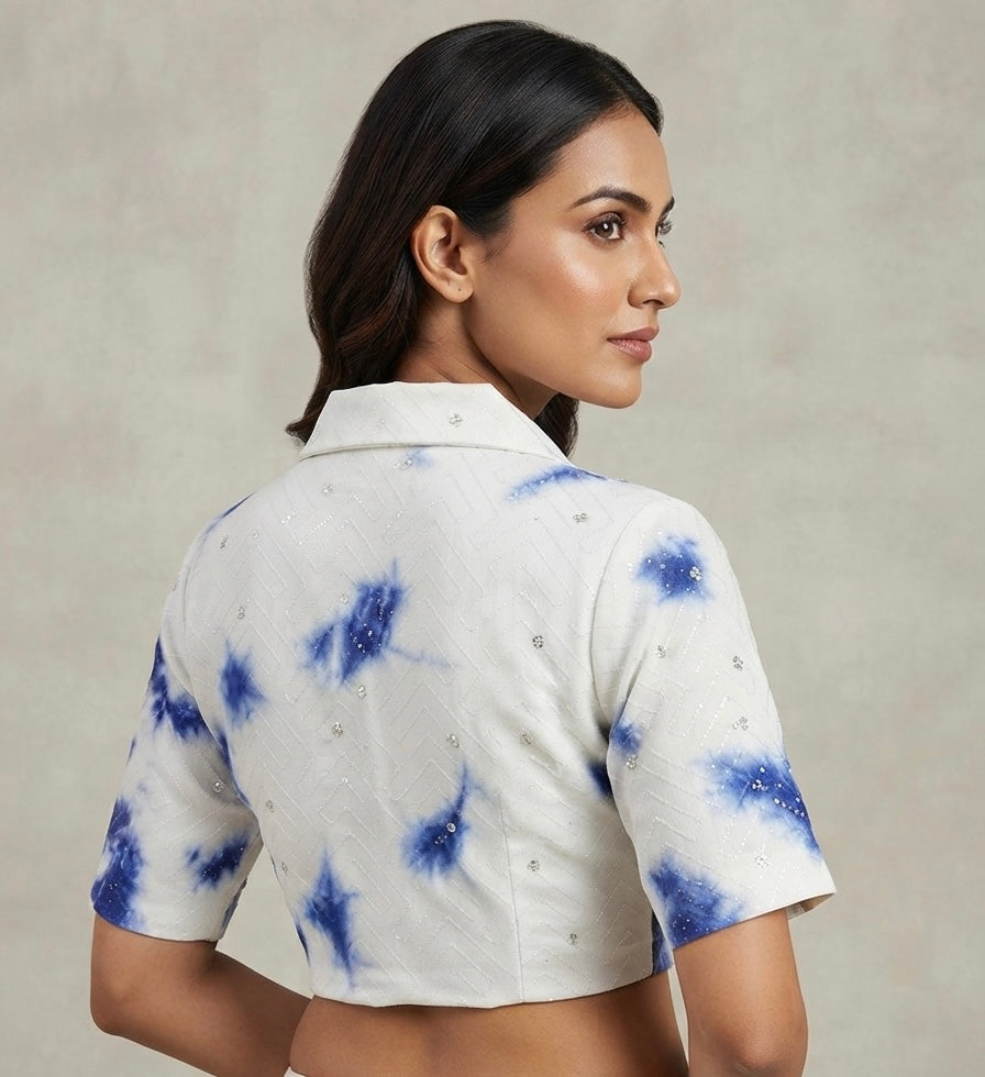 Tie-Dye Collar neck white-blue with sleeve Blouse 👚