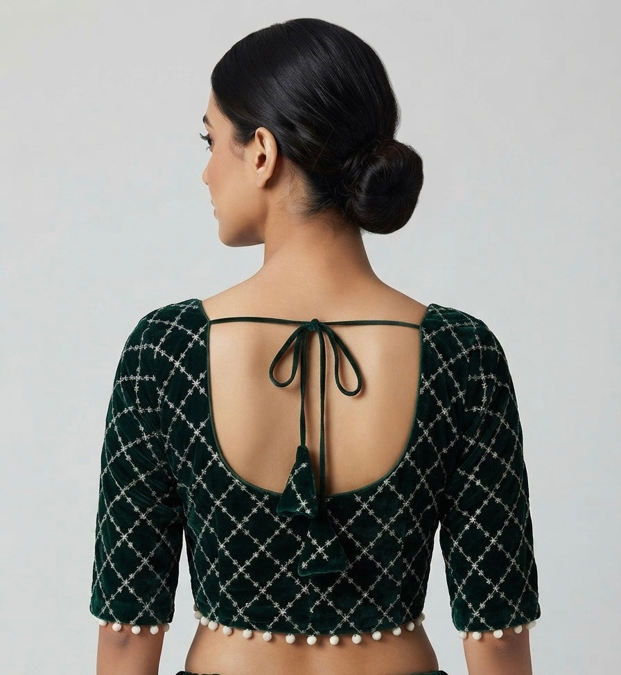 Thread work Blouse dark bottle green elbow hands