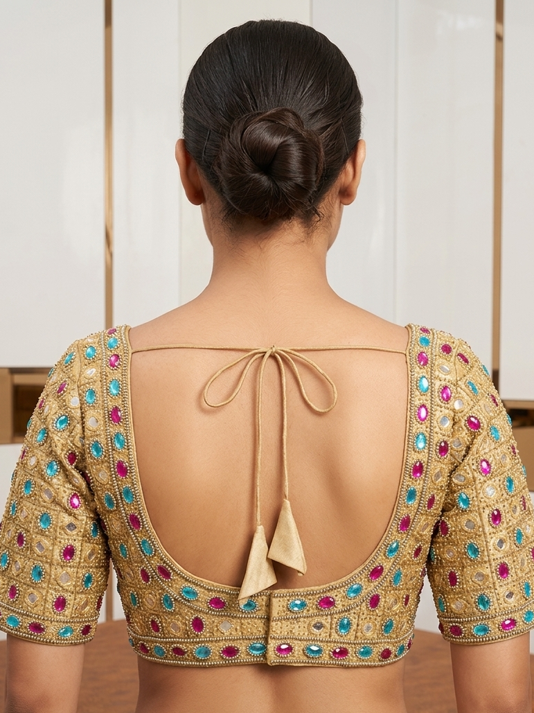 Light gold stone work with sleeve Blouse 👚