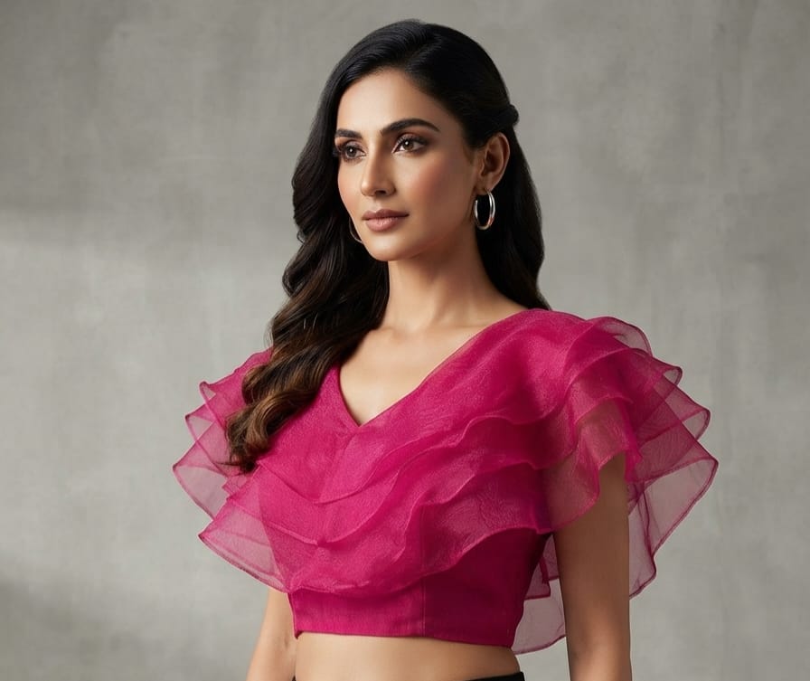 Magenta / Pink Layered Ruffle-Cape Readymade Blouse