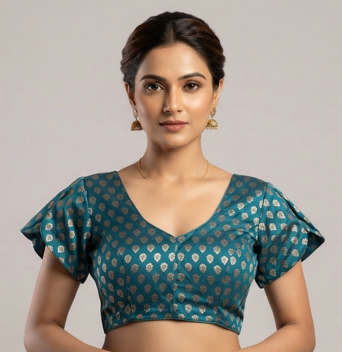 Teal Brocade V-Neck Butterfly/Flared Sleeve Blouse