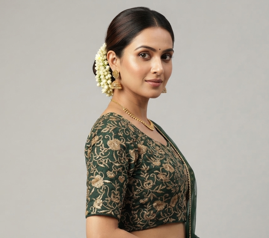 Dark Green & Gold Floral Embroidered Readymade Blouse
