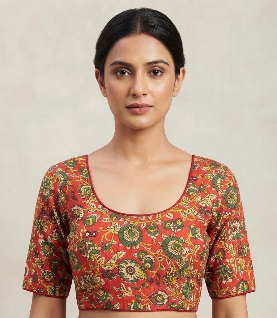 🌹Red green printed Kalamkari stretchable Blouse 👚