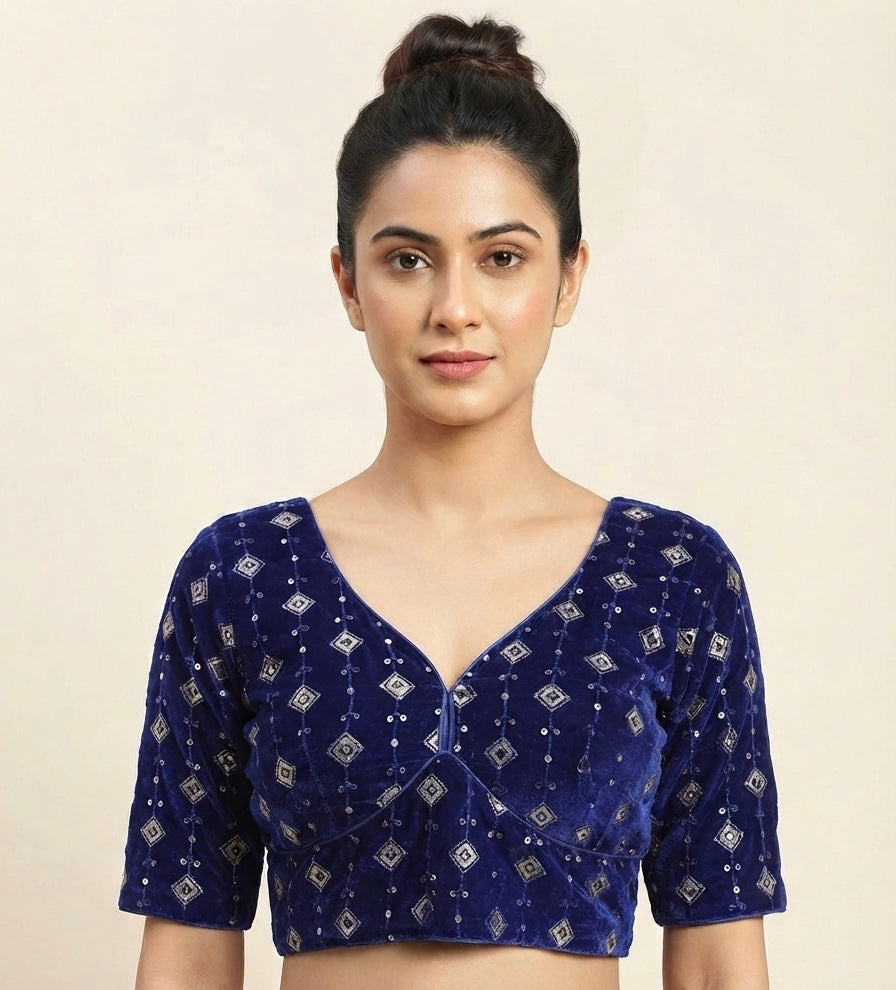 Sequence work velvet Blouse elbow hands Royal blue 🌷