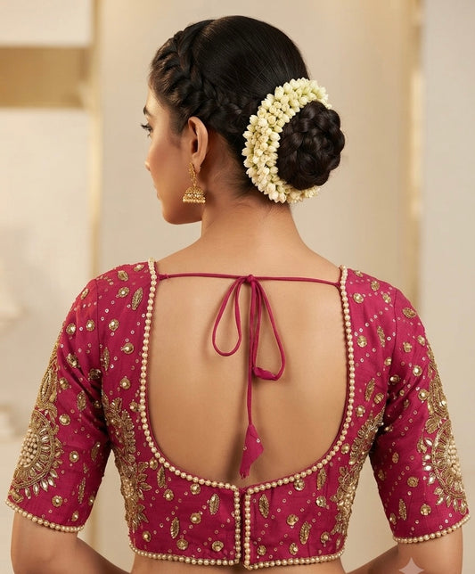 Magenta pink embroidery Pearl work with sleeve Blouse 👚