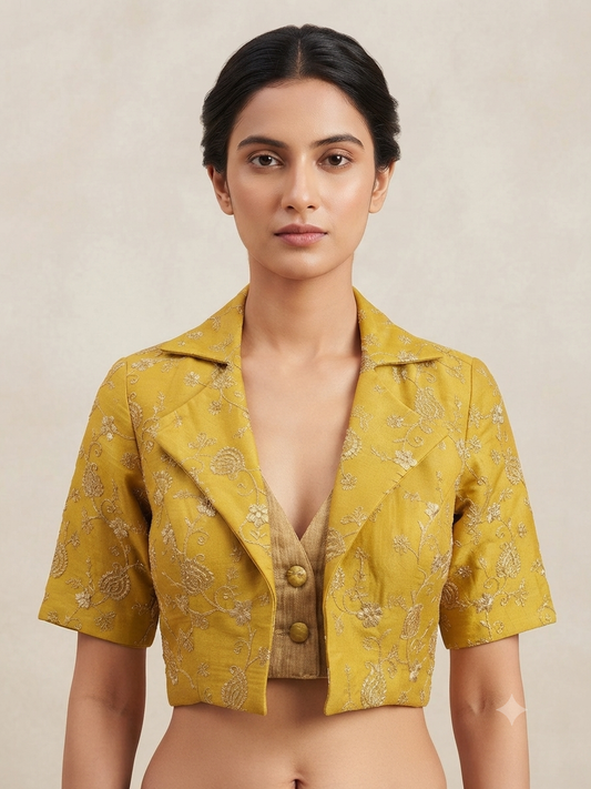 Yellow collar neck floral embroidery work with sleeve Blouse 👚