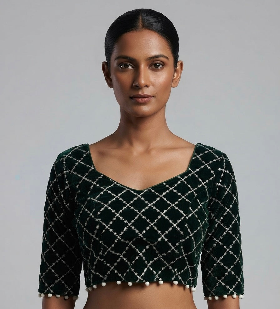 Thread work Blouse dark bottle green elbow hands