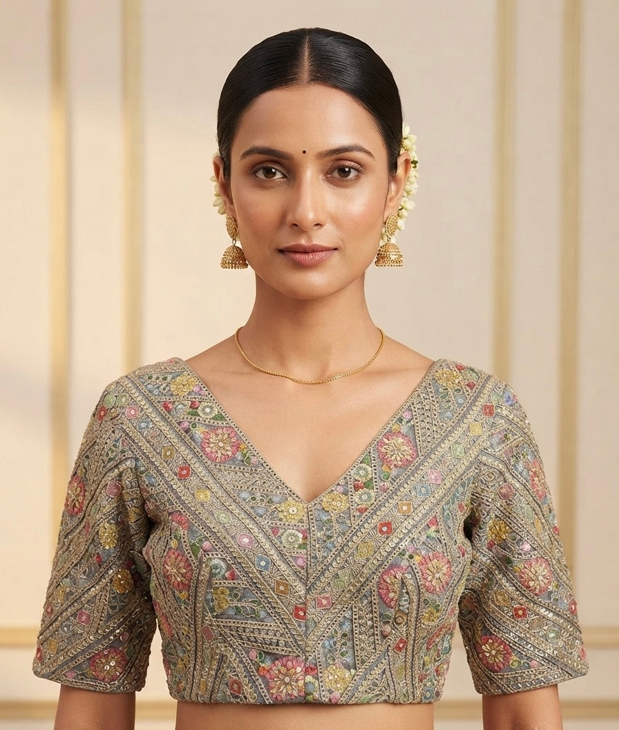 Grey V-neck embroidery with sleeve Blouse 👚
