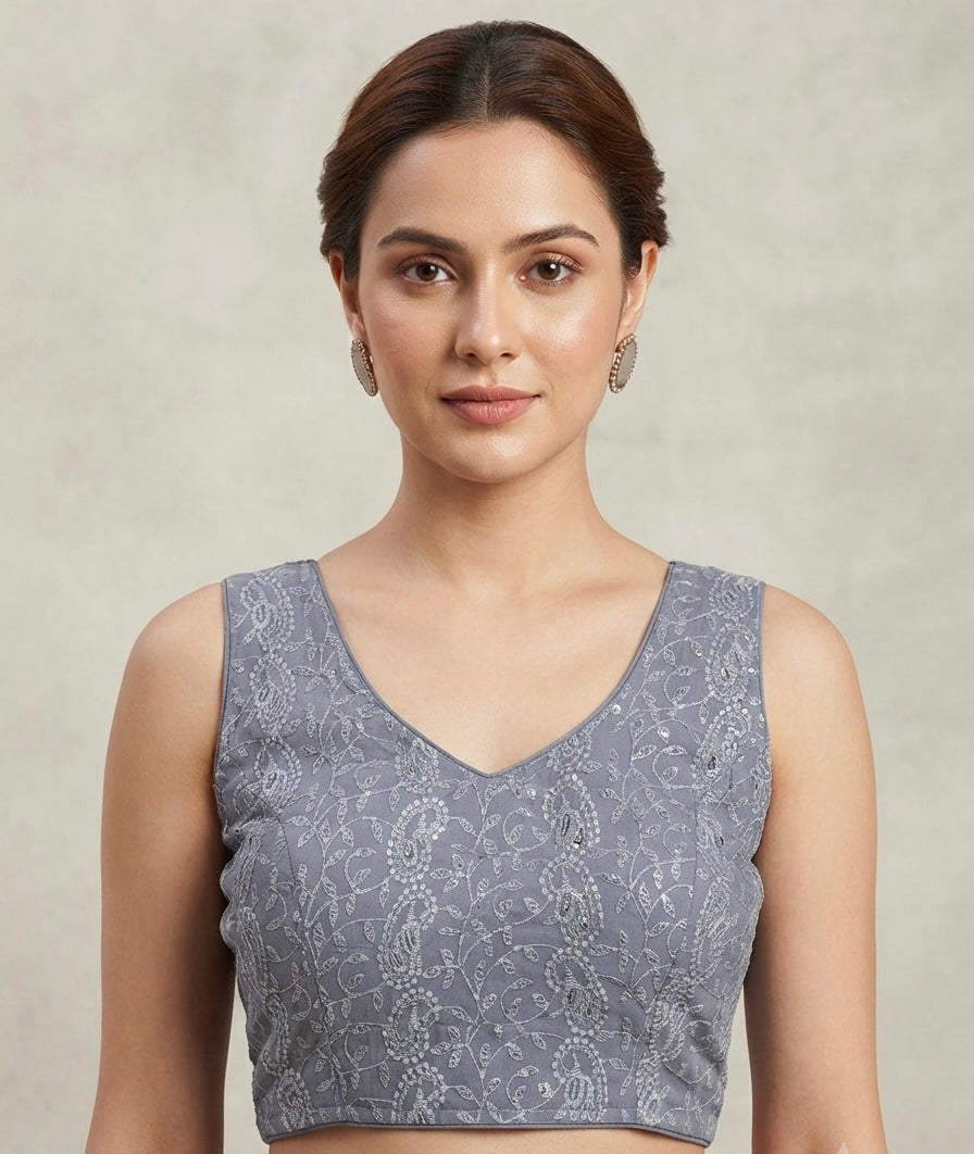 Grey V-neck chikankari work Blouse 👚 inside hands available