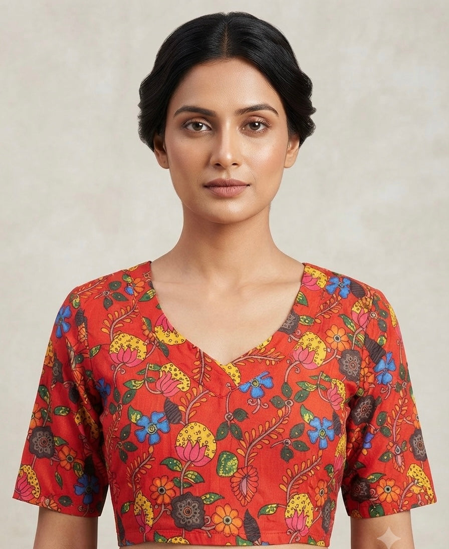 Red printed Kalamkari stretchable Blouse 👚