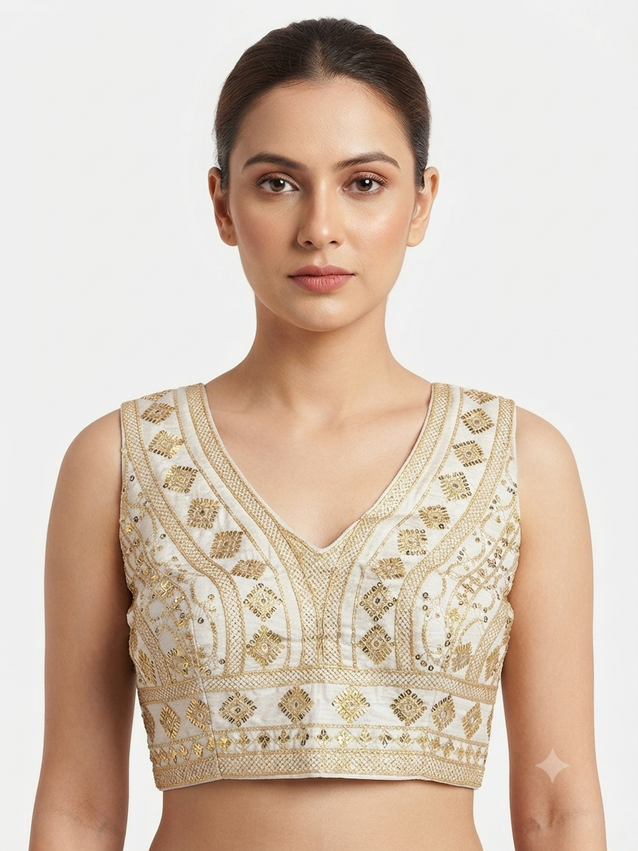 White colour golden  sequence blouse with hands