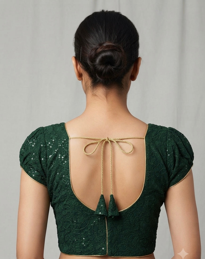 Sequence work Blouse 👚 puff hands dark green colour