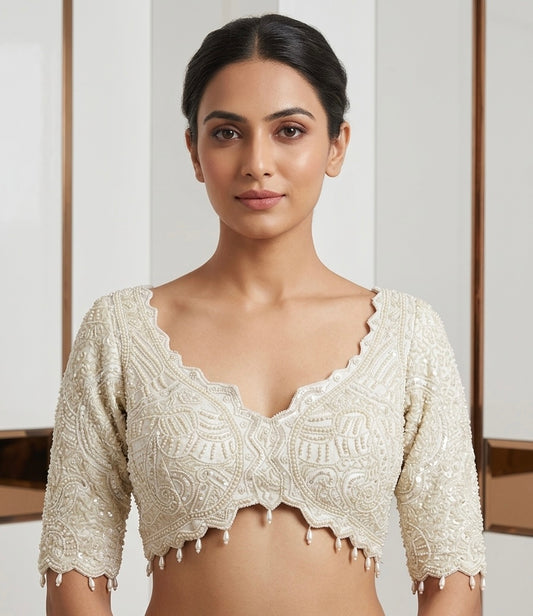 White karaana work with sleeve Blouse 👚