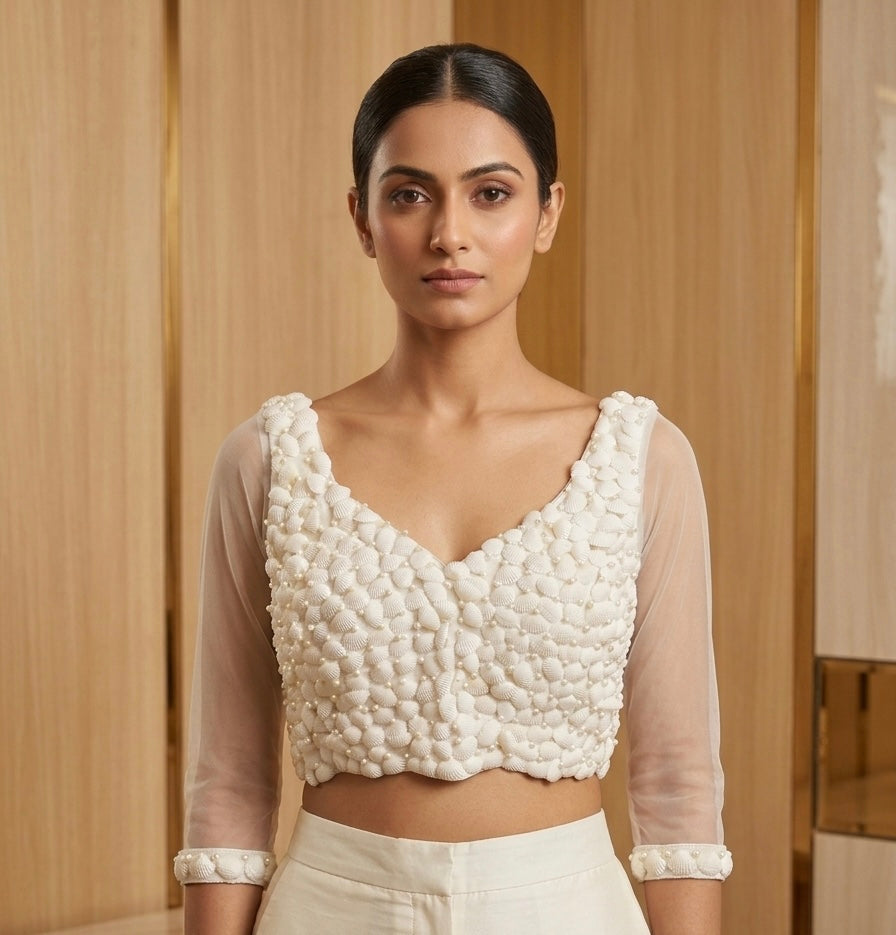 Shell & Pearl-beaded designer with sleeve Blouse 👚