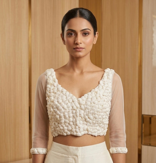 Shell & Pearl-beaded designer with sleeve Blouse 👚