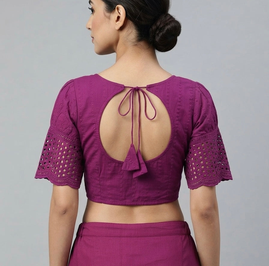 Chikankari work puff hands purple colour