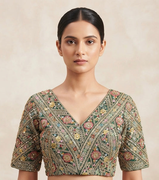 Green V-neck embroidery Blouse 👚 with sleeve