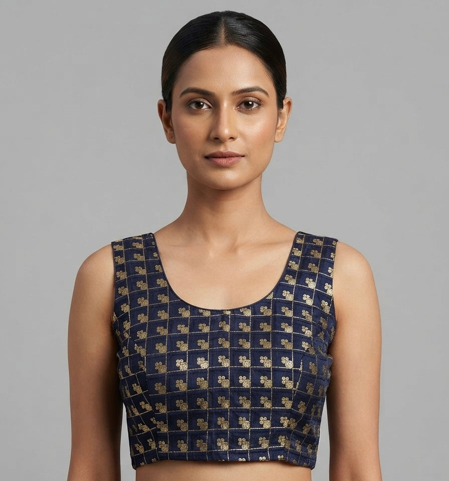 Printed thread work Blouse 👚 sleeveless navy colour ￼
