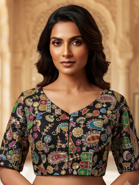 multi-colored threadwork Blouse black with sleeves✨