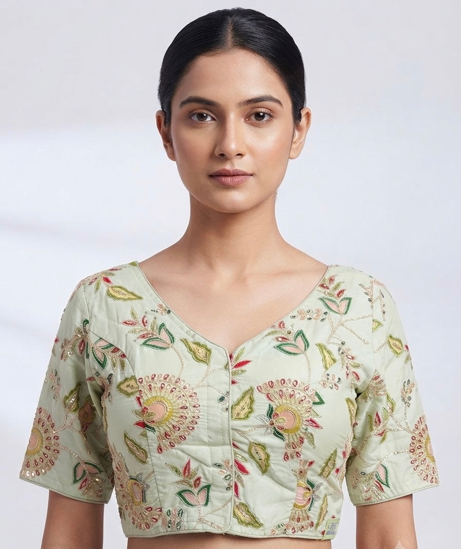 Tissue embroidery Blouse 👚 Pista green with sleeves