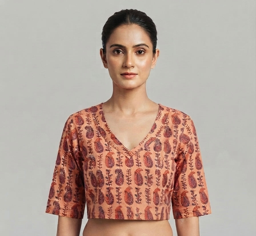 Printed Kalamkari Blouse 👚 peach 🍑 pink colour stretchable