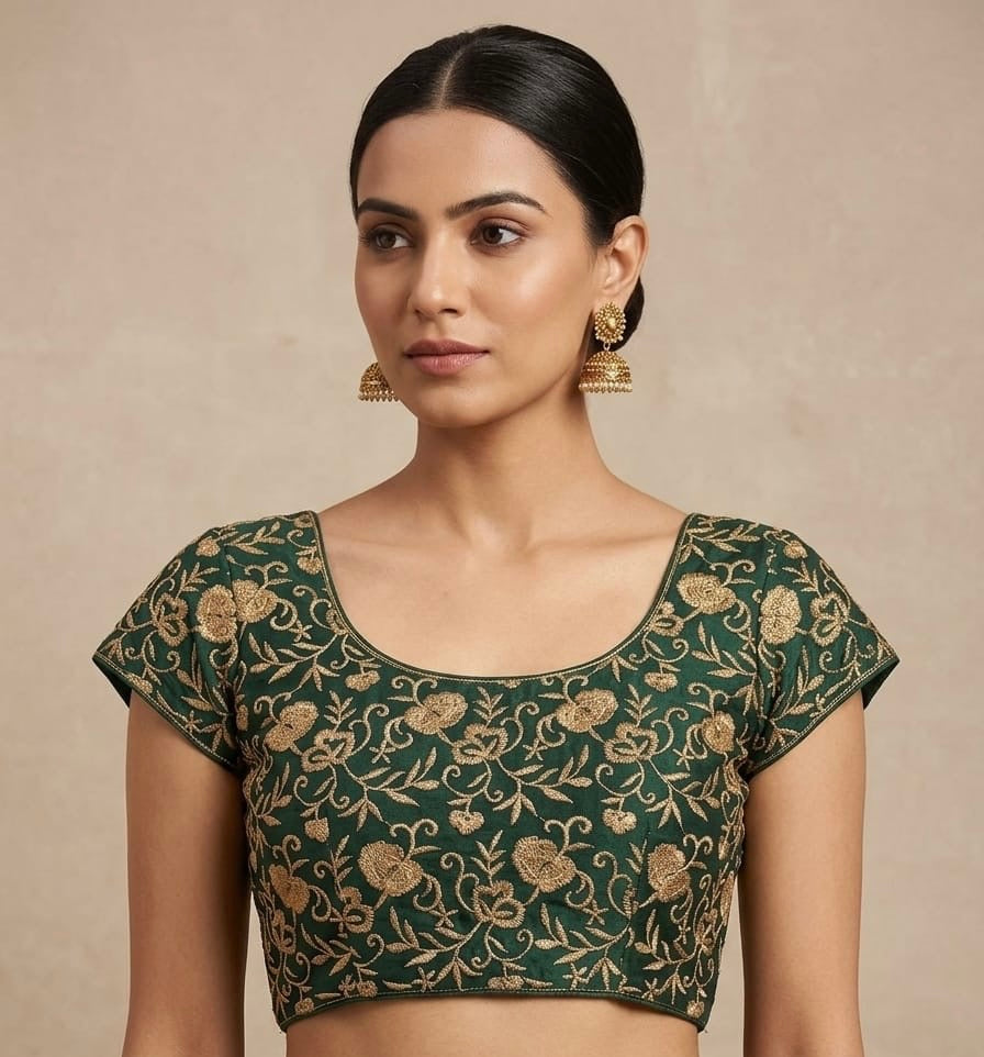Golden embroidery Blouse 👚 mega hands green colour