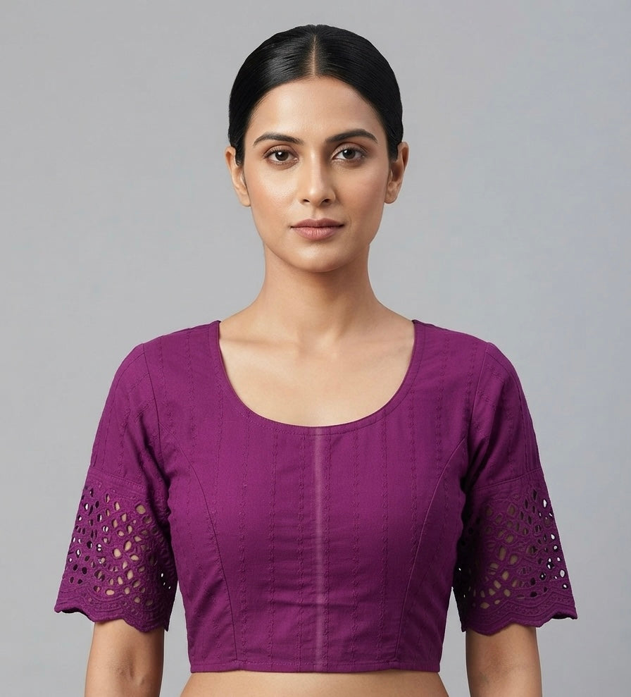 Chikankari work puff hands purple colour