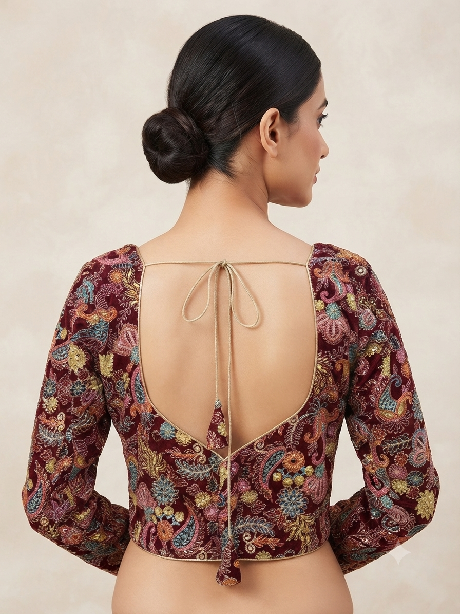Dark Marron flower 🌷 embroidery work with sleeve Blouse 👚