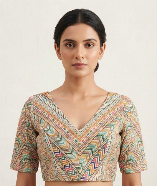 Green multicolour V-neck with sleeve Blouse 👚