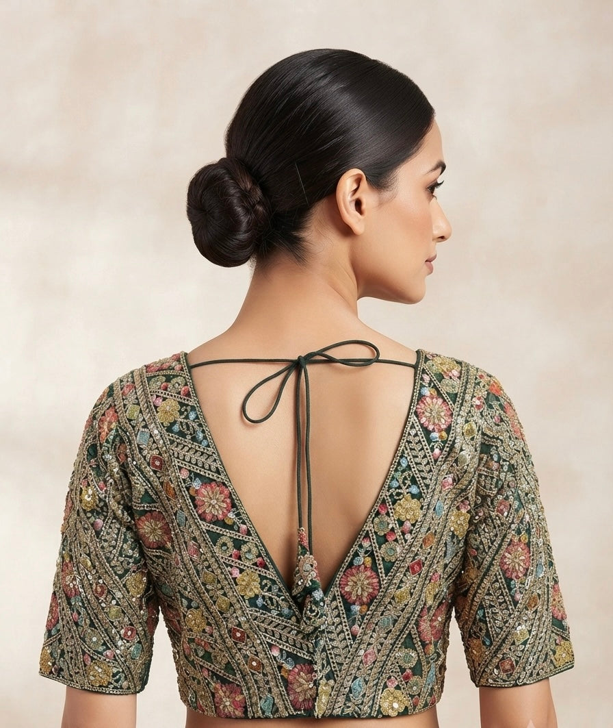 Green V-neck embroidery Blouse 👚 with sleeve