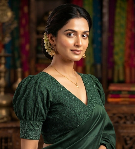 Green chickenkari work puff hands Blouse 👚