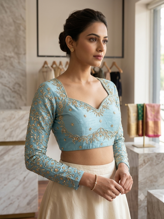 Tissue Sky blue designer full hands blouse 👚