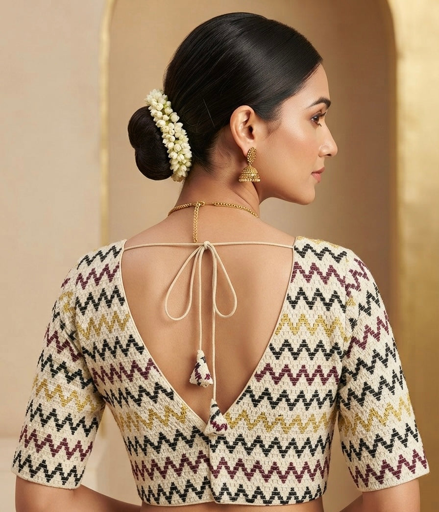 Premium zigzag V-neck with sleeve Blouse 👚cream colour