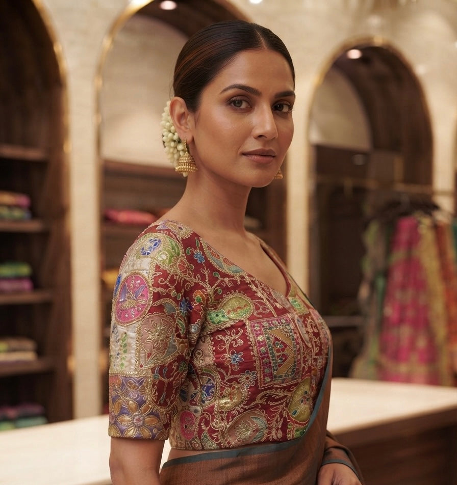 Traditional Kalamkari Patchwork Blouse 👚 Marron with sleeves ✨