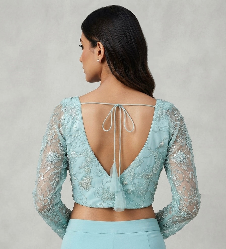 Sky blue floral embroidery net- full sleeve Blouse 👚